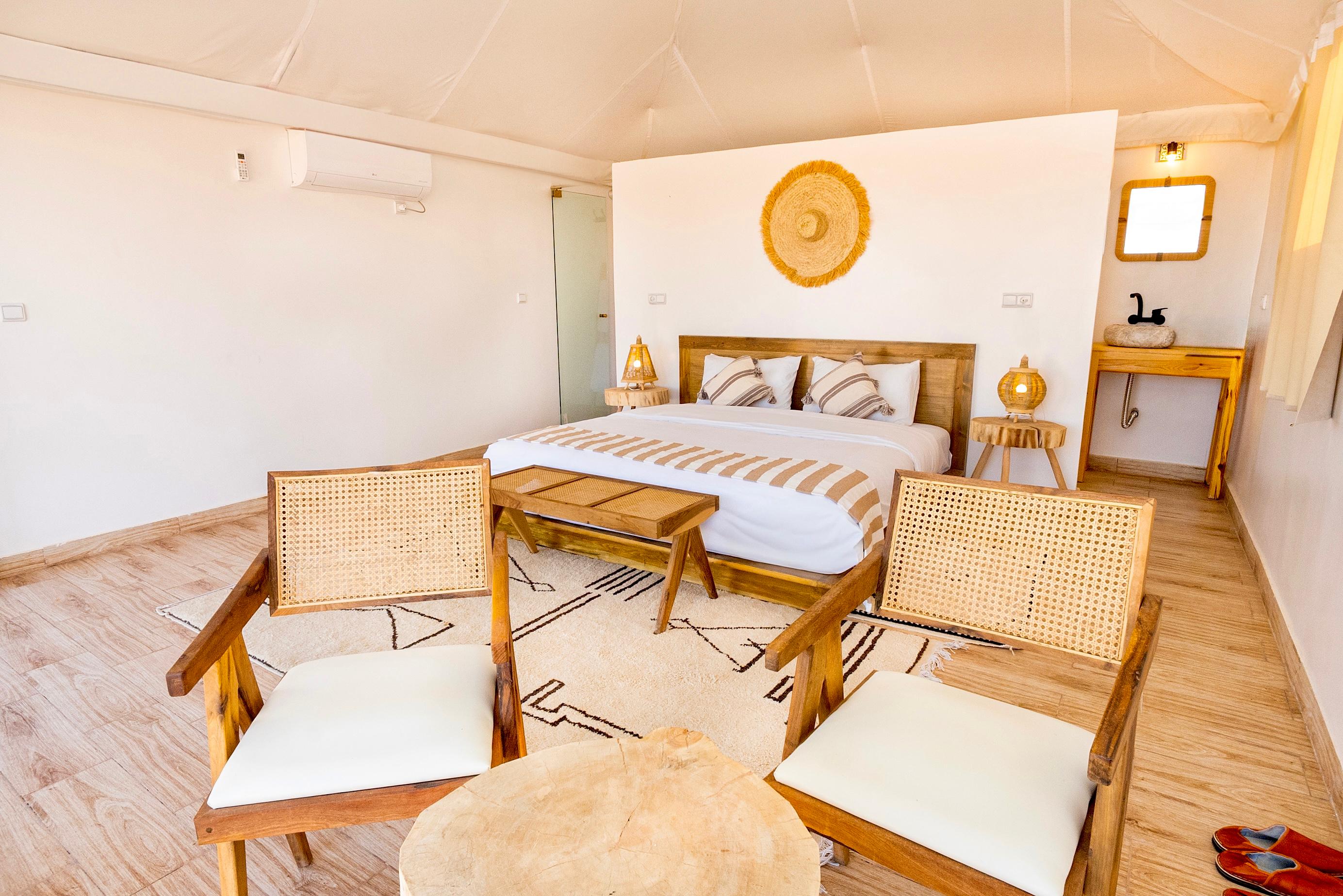 Triple Tent interior – private tent for 3 guests, Sahara Royal Resort Merzouga