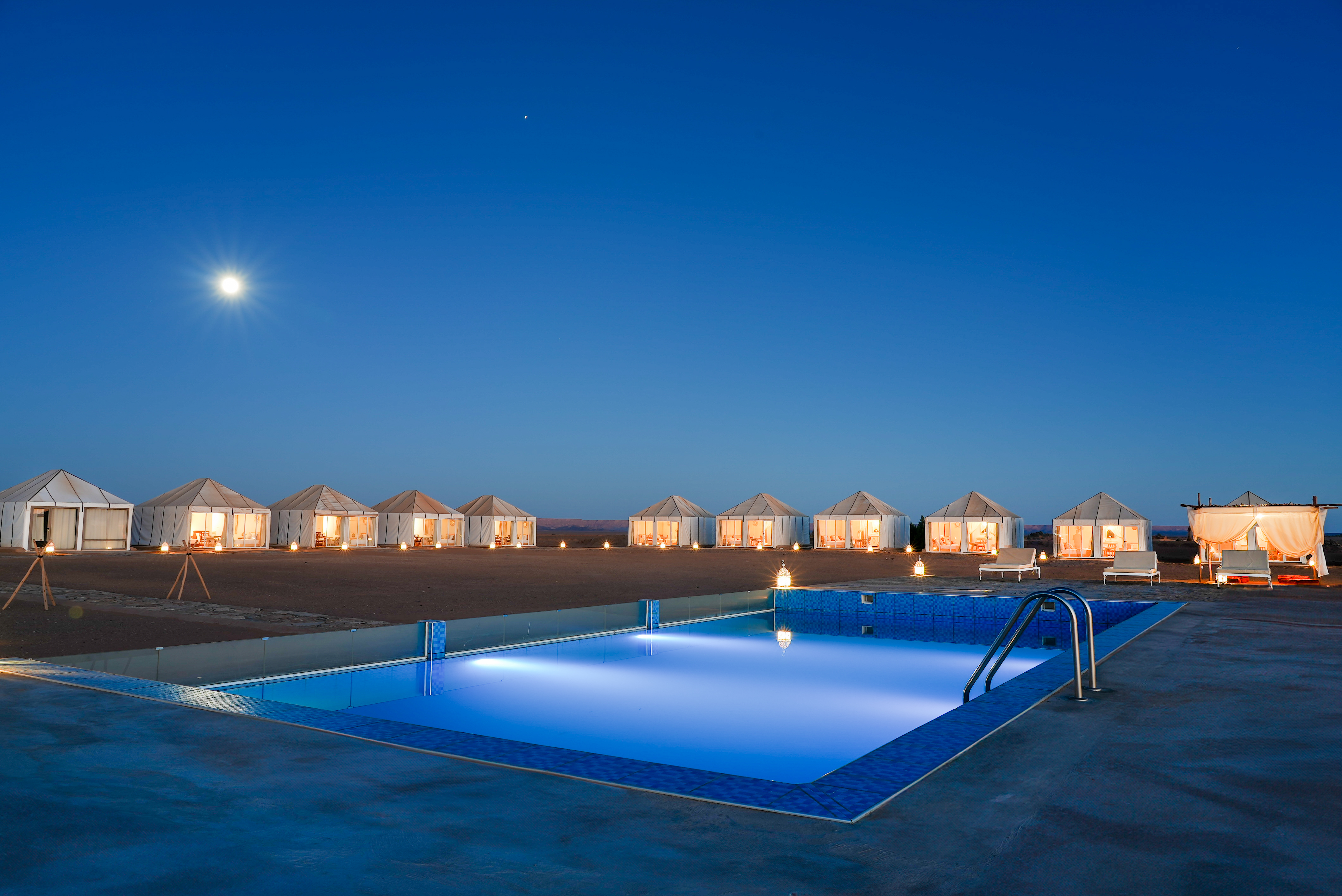 Pool area view at Sahara Royal Resort – luxury Erg Chebbi desert camp